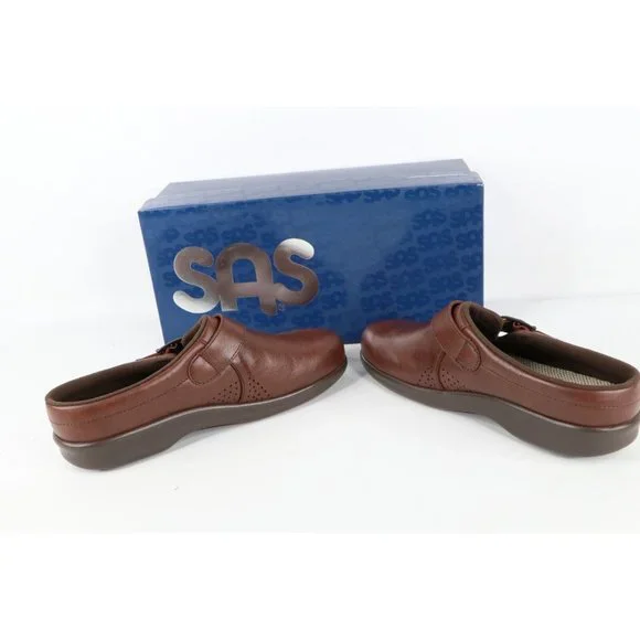 New SAS San Antonio Shoemakers Womens 7.5 N Leather Buckle Clogs Shoes Teak USA
